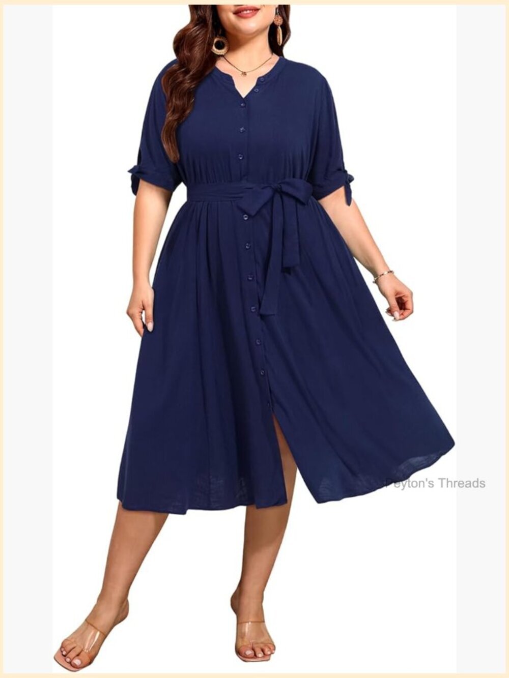 Plus Size Button Front Midi Dress with Pockets - Office Casual A-Line V-Neck